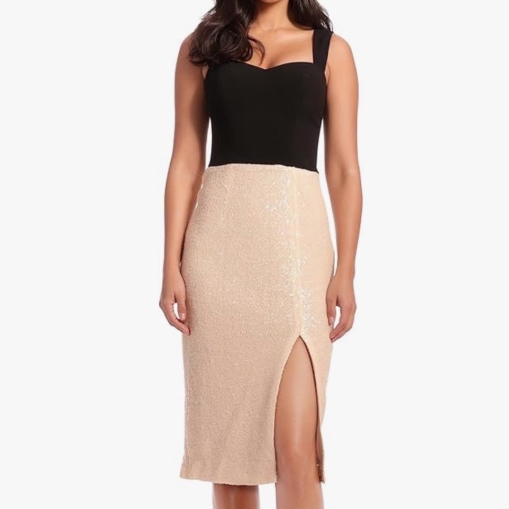 Dress the Population | Women's  Black Cream Sequine Bodycon Midi‎ Dress, XL